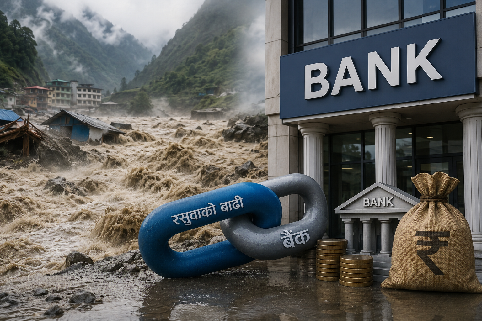रसुवा बाढी : ९ वटा बैंकको शाखा र नगद बगायो